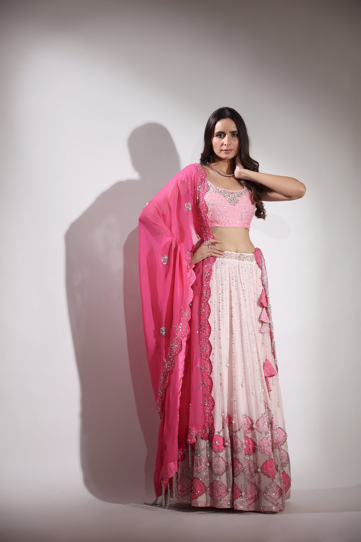 Image of Haseena baby pink pearl droplet lehenga set