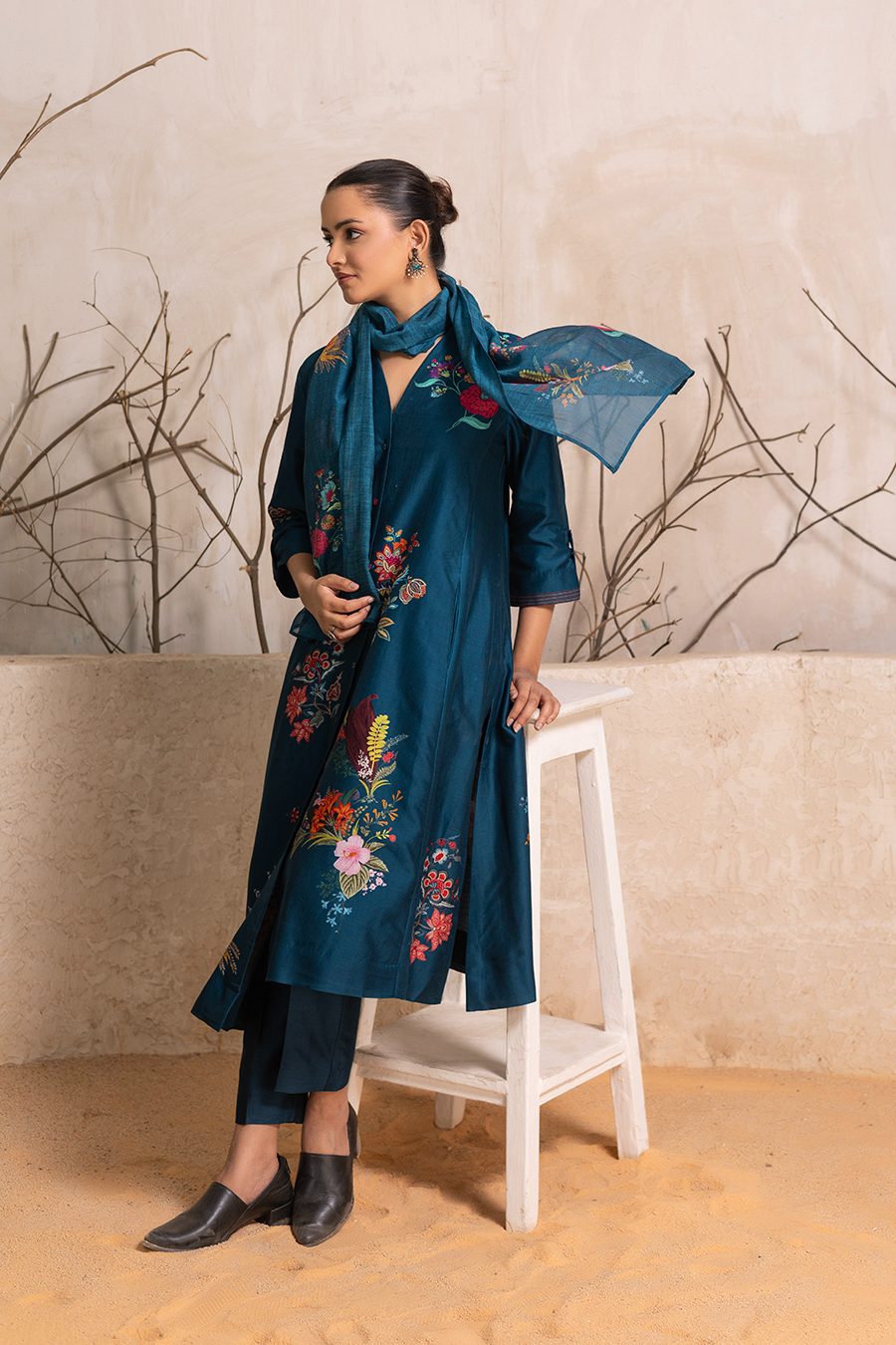 Indigo Silk Chanderi Printed Stole (1 PC)