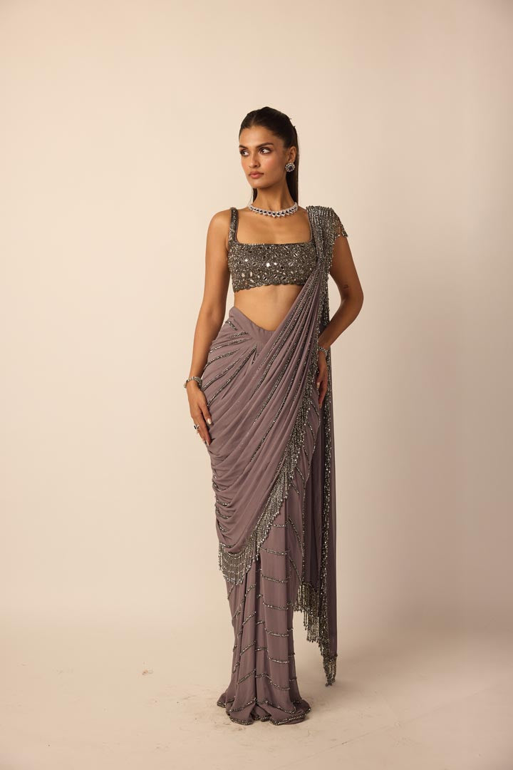 Metallic Grey Linear Draped Saree