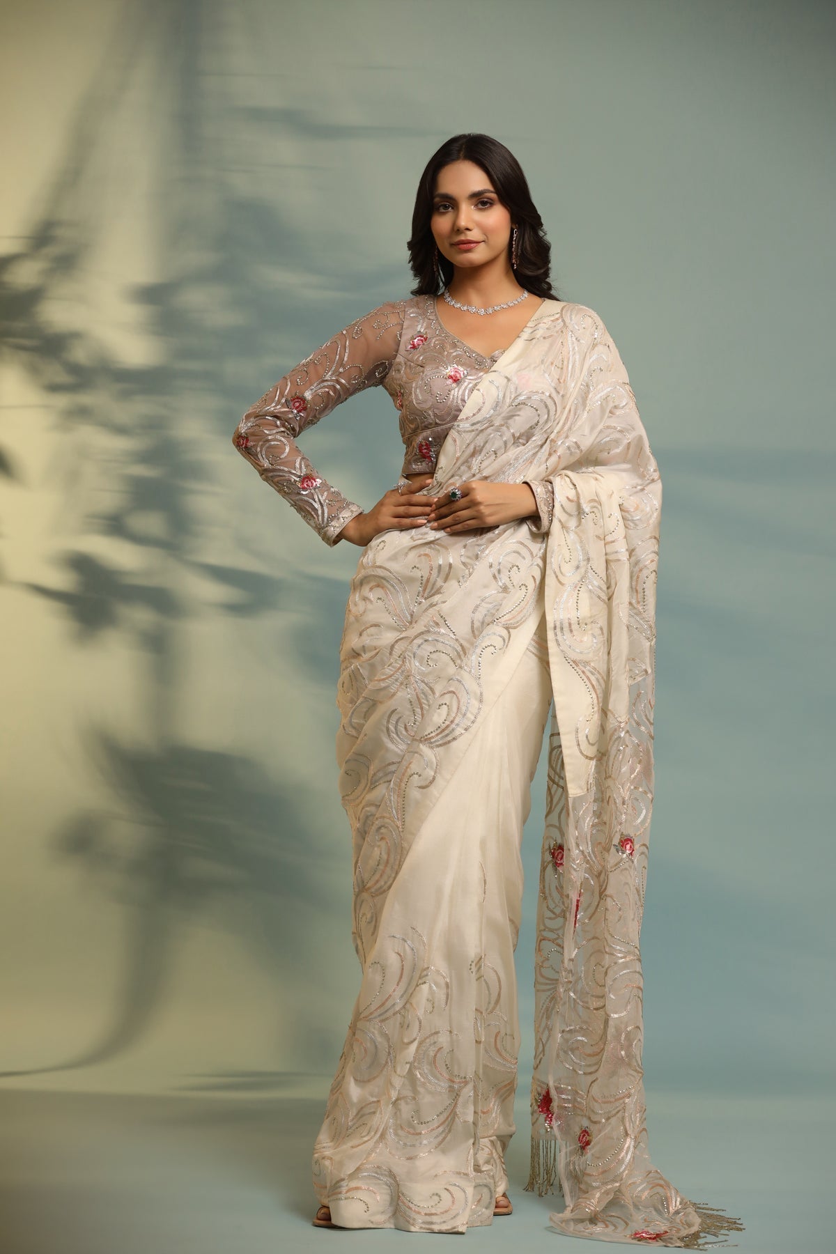 Image of Haseena ivor-grey swirl jaal saree set