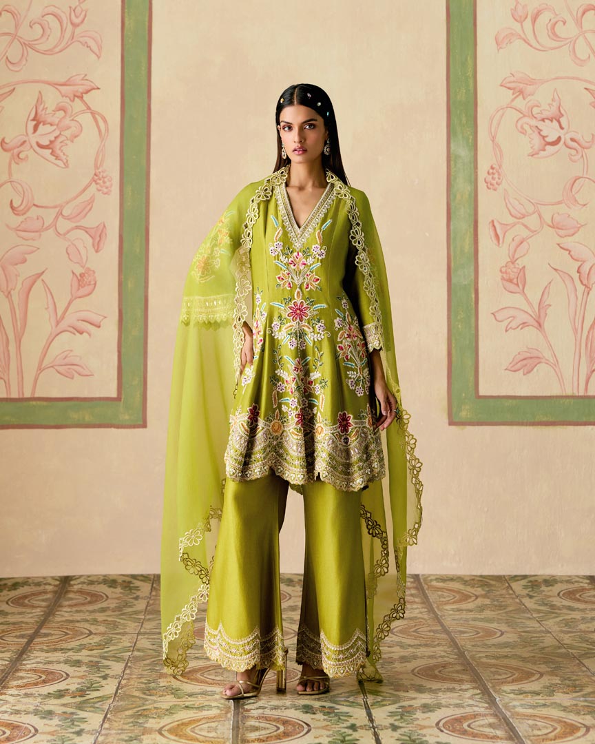 OLIVE CONTRAST EMBROIDERED BELL BOTTOM PANTS