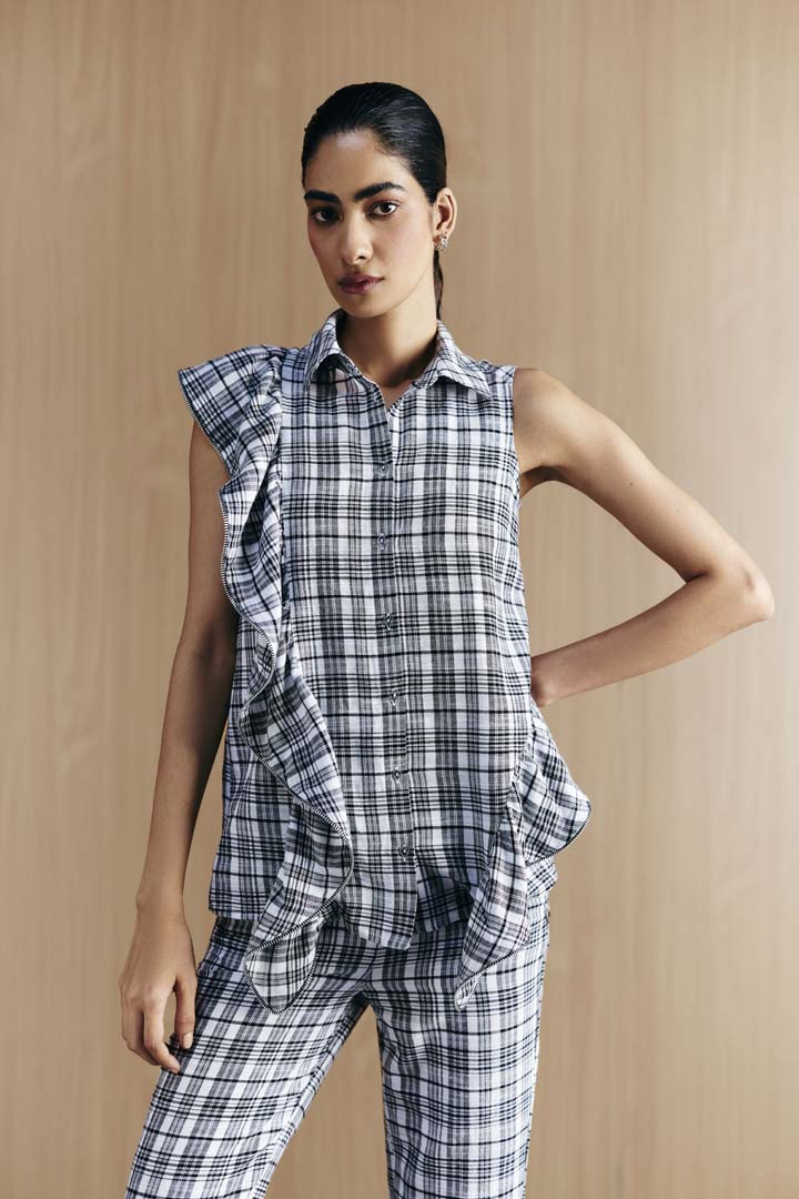 CHECK ZIPPER FRILL SHIRT