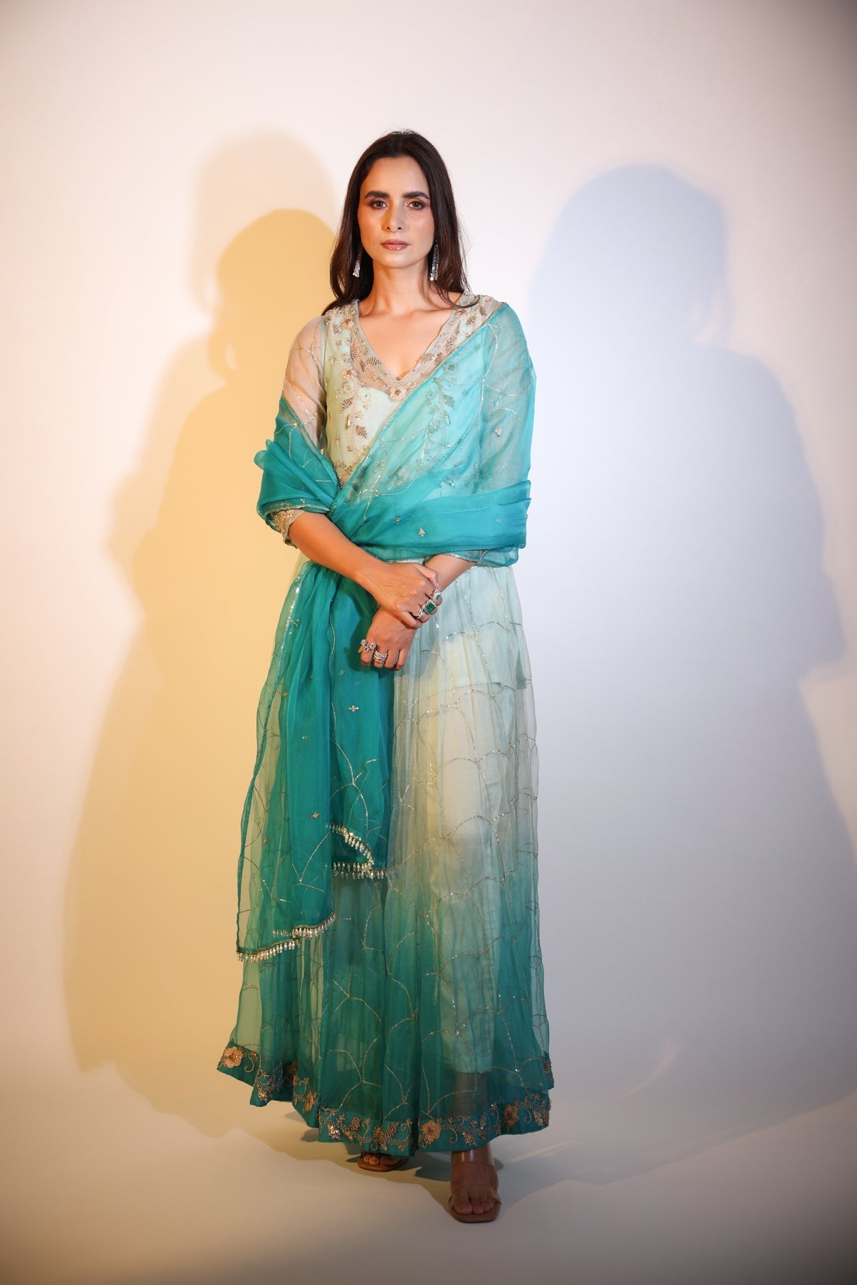 Image of Haseena aqua green ombre organza anarkali set