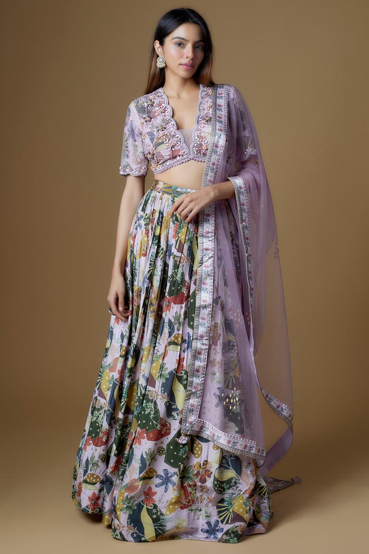 Lilac Crepe FLoral Printed Lehenga Set