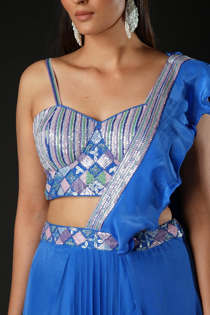 Cobalt Blue Viscose Ruffled Drape Saree Set