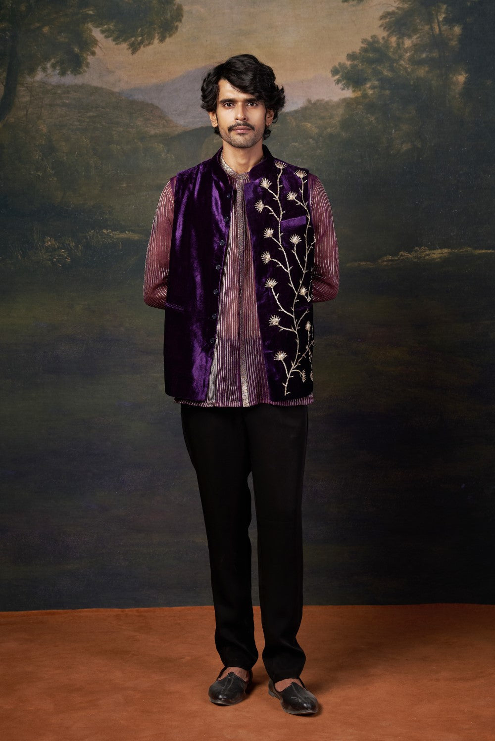 Hand-Embroidered Nehru Jacket with embrodiered organza shirt and pants