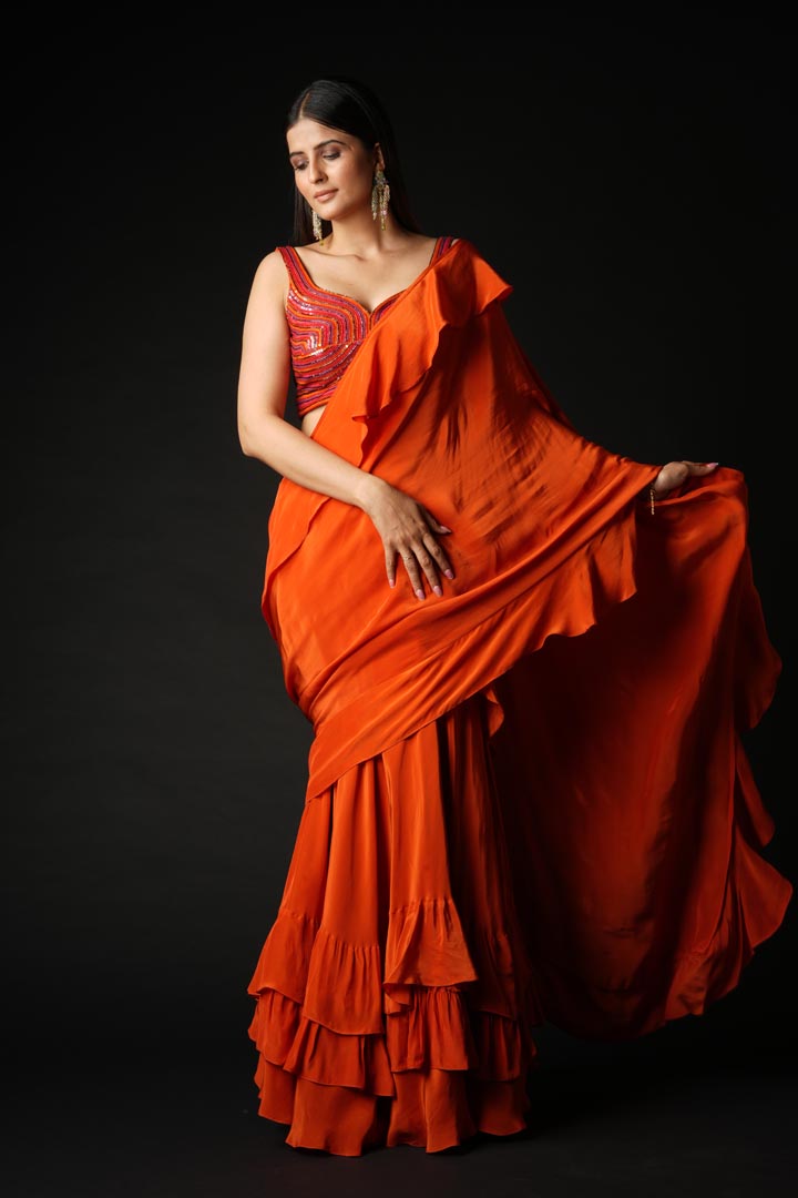 Rust Viscose Ruffled Saree Set