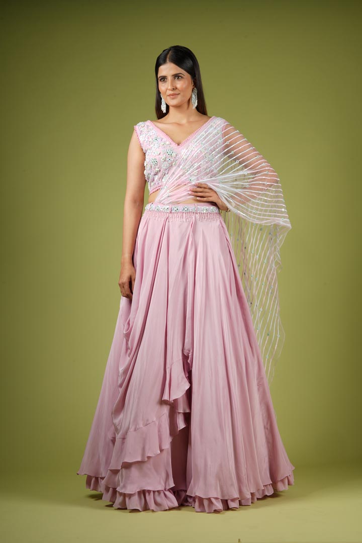 Onion Pink Viscose Ruffled Lehenga Set