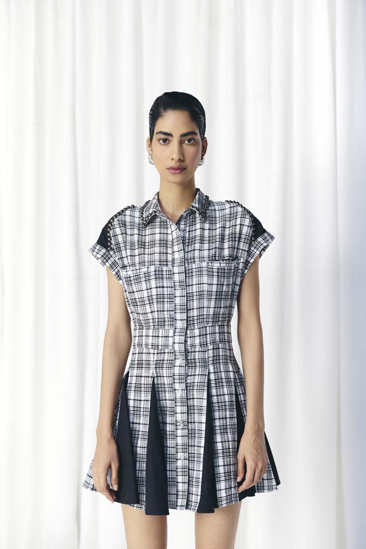 CHECK & SOLID PANEL STUDDED DRESS