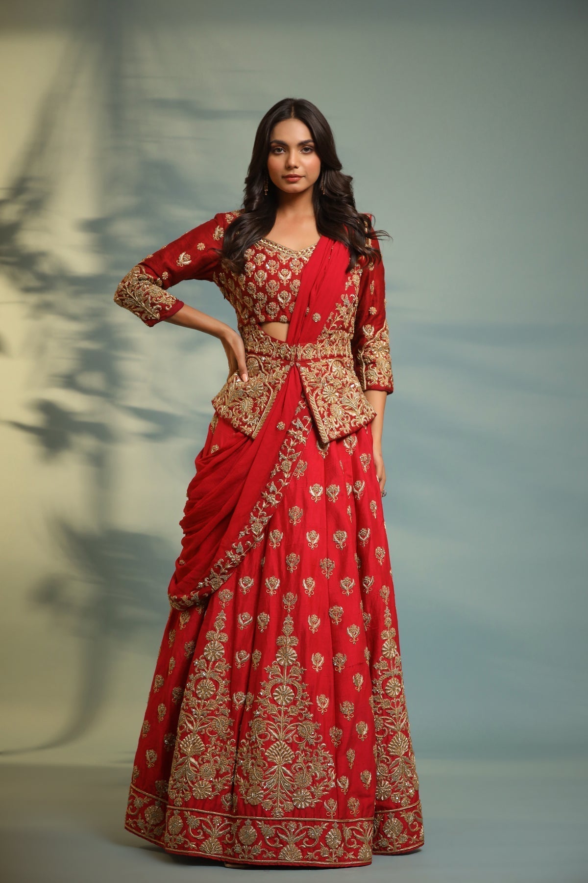 Image of Haseena crimson red structured peplum lehenga set