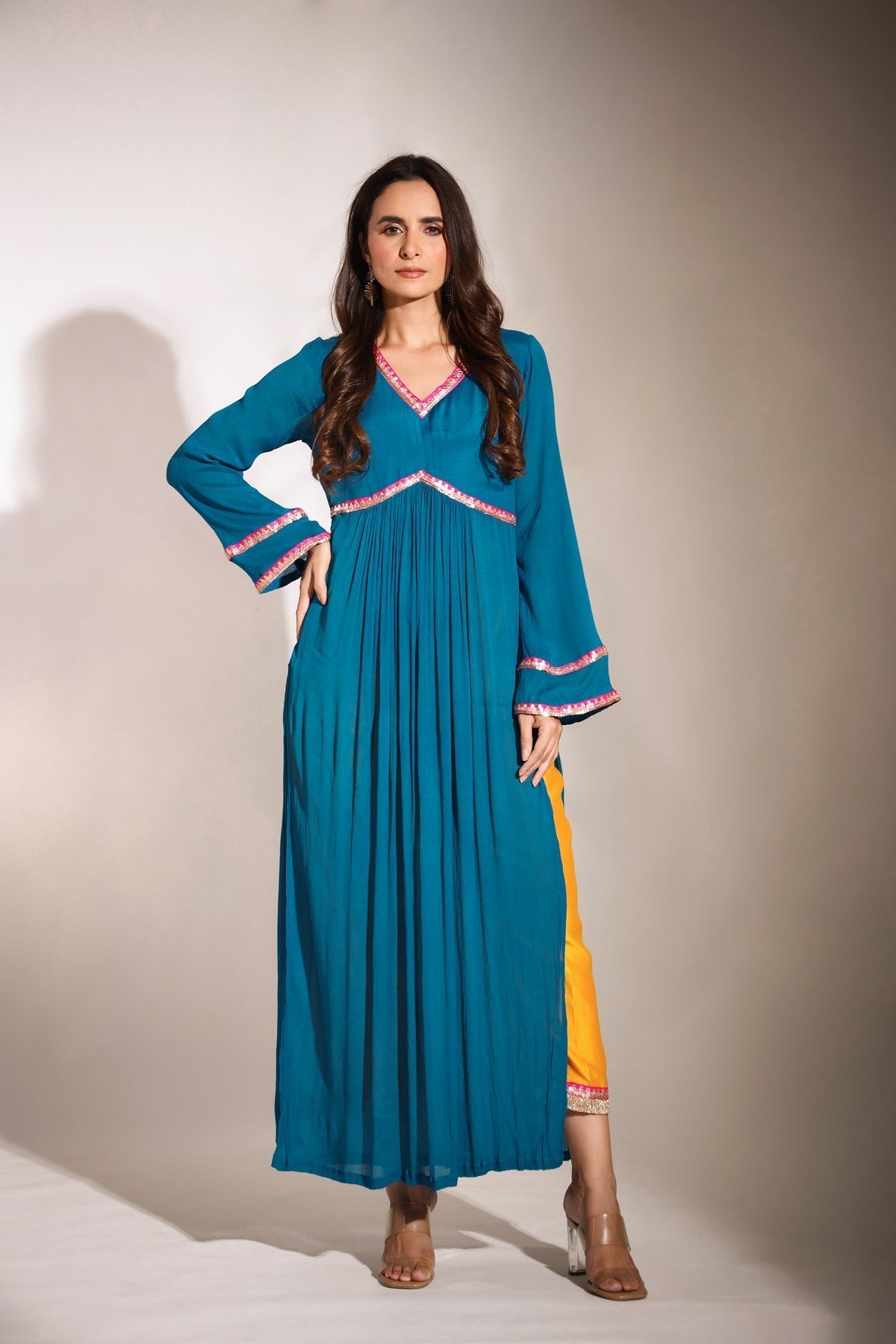 Image of Haseena Teal blue and bright mustard color block kurta pant set