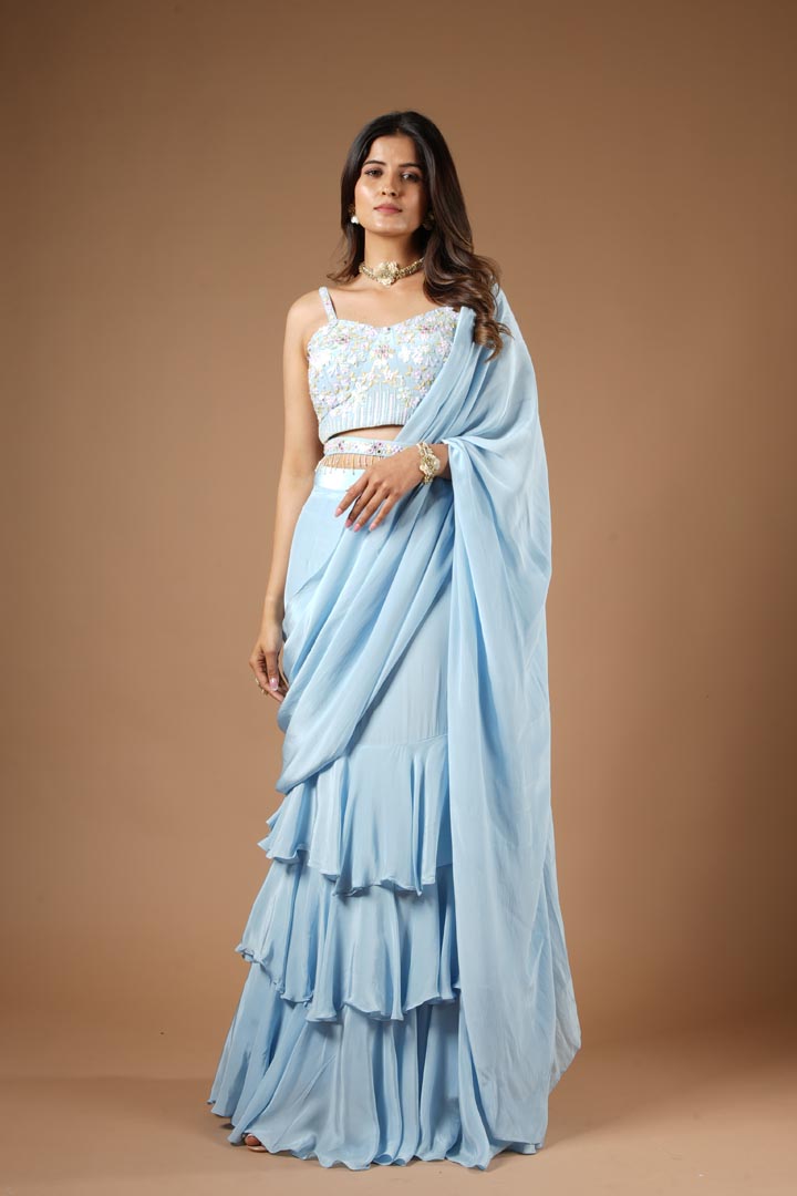 Powder Blue Viscose Ruffled Saree Set