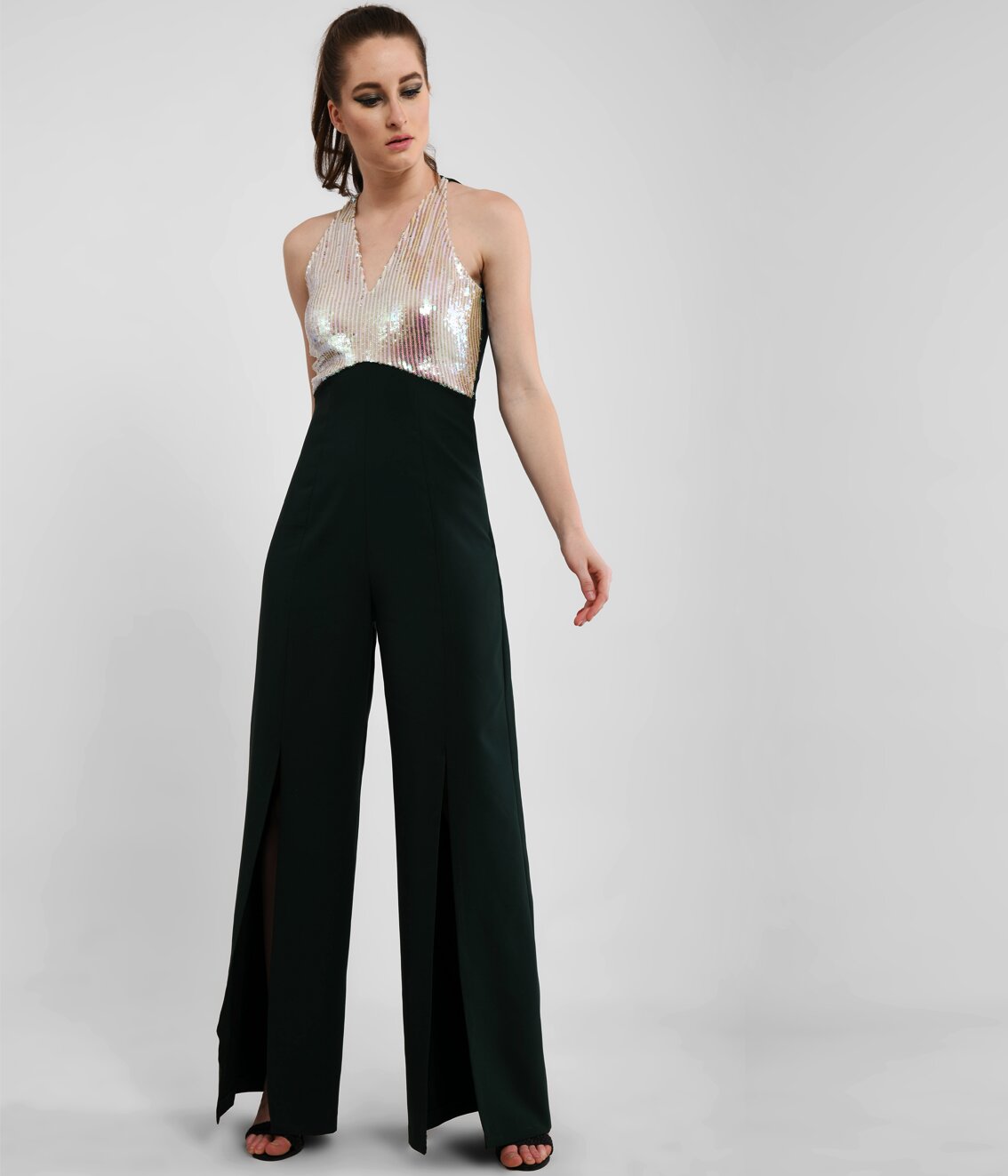 Metallic Plunge Vneck Jumpsuit With Slits