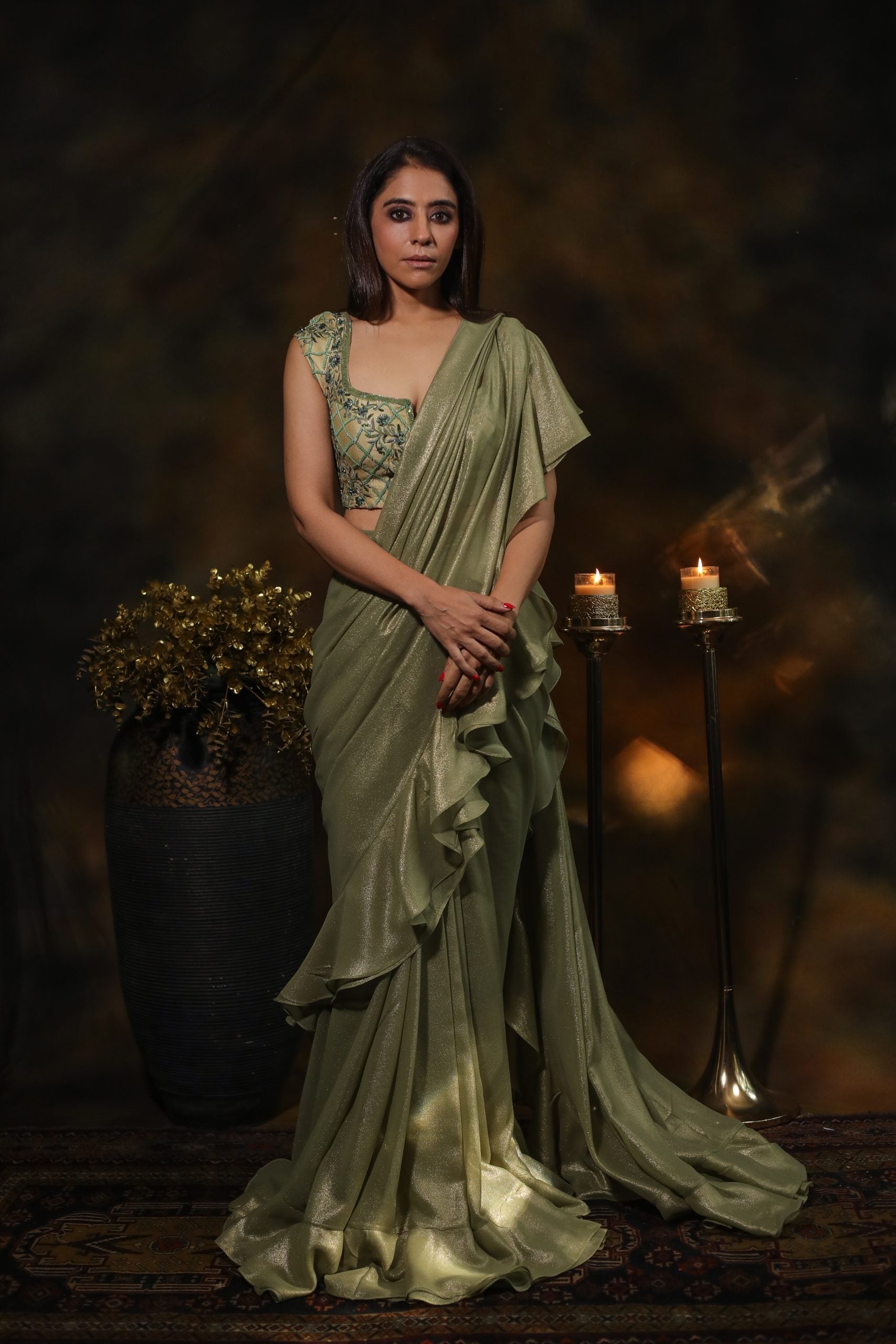 Image of SAGE EMBROIDERED SAREE IN SHIMMER