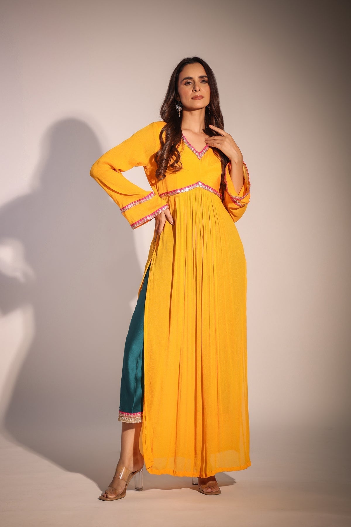 Image of Haseena  mango yellow and bottle green color block kurta pant set