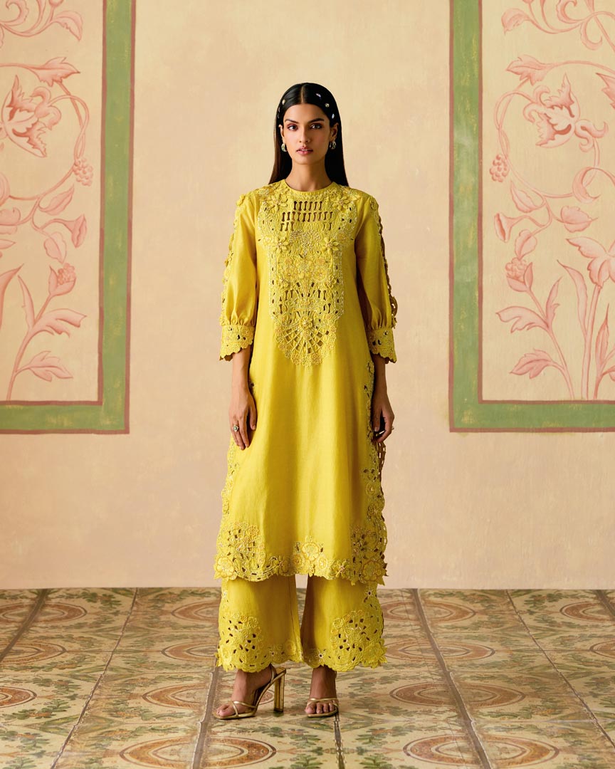 YELLOW CUTWORK STRAIGHT PANTS