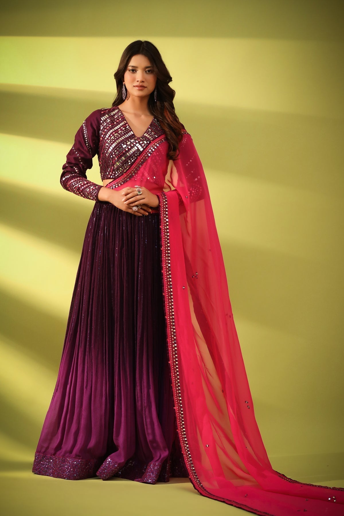 Image of Haseena mirror work lehenga in shades of aubergine and purple