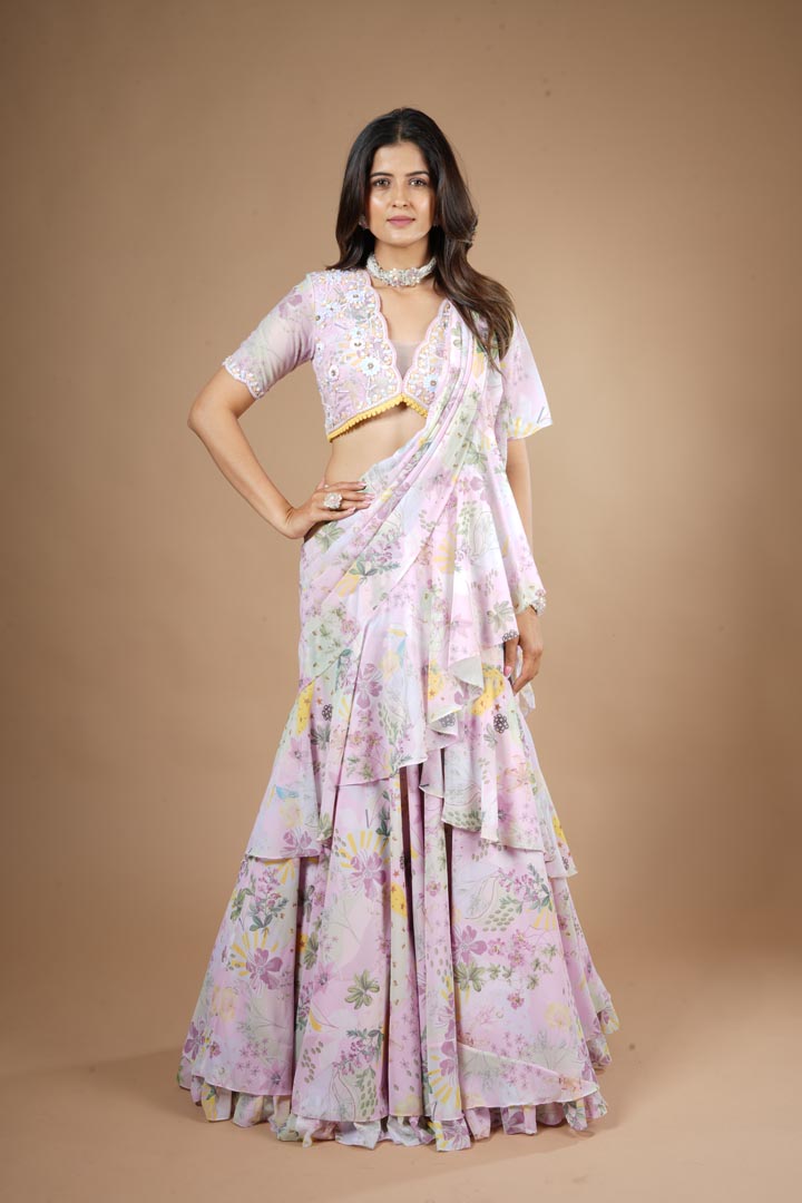 Pink Viscose Botanical Printed Ruffled Lehenga Saree Set