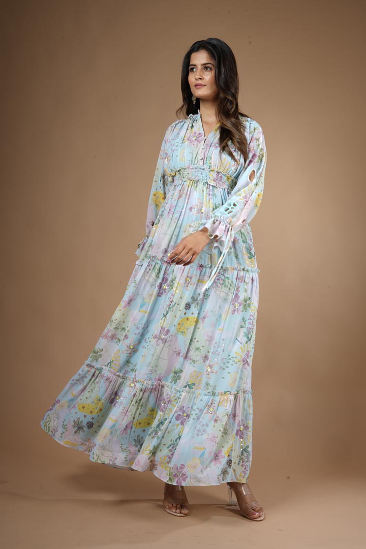 Blue Georgette Printed Dress