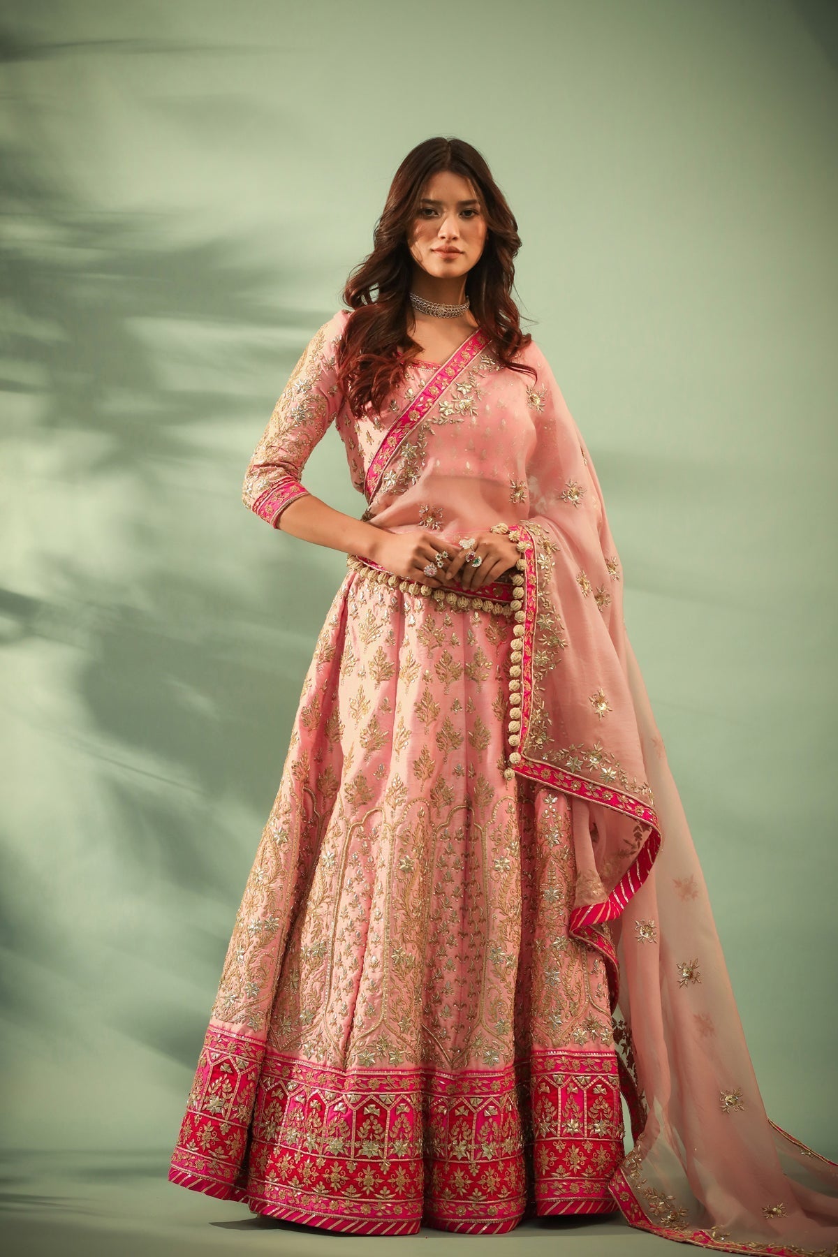 Image of Haseena Candy floss pink lehenga set with chatak pink accent.