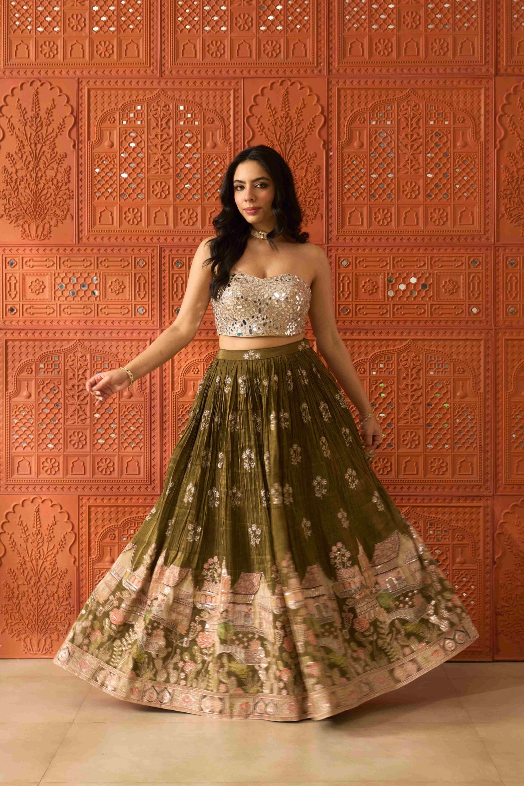 Sheesh Mahal Olive Skirt Set