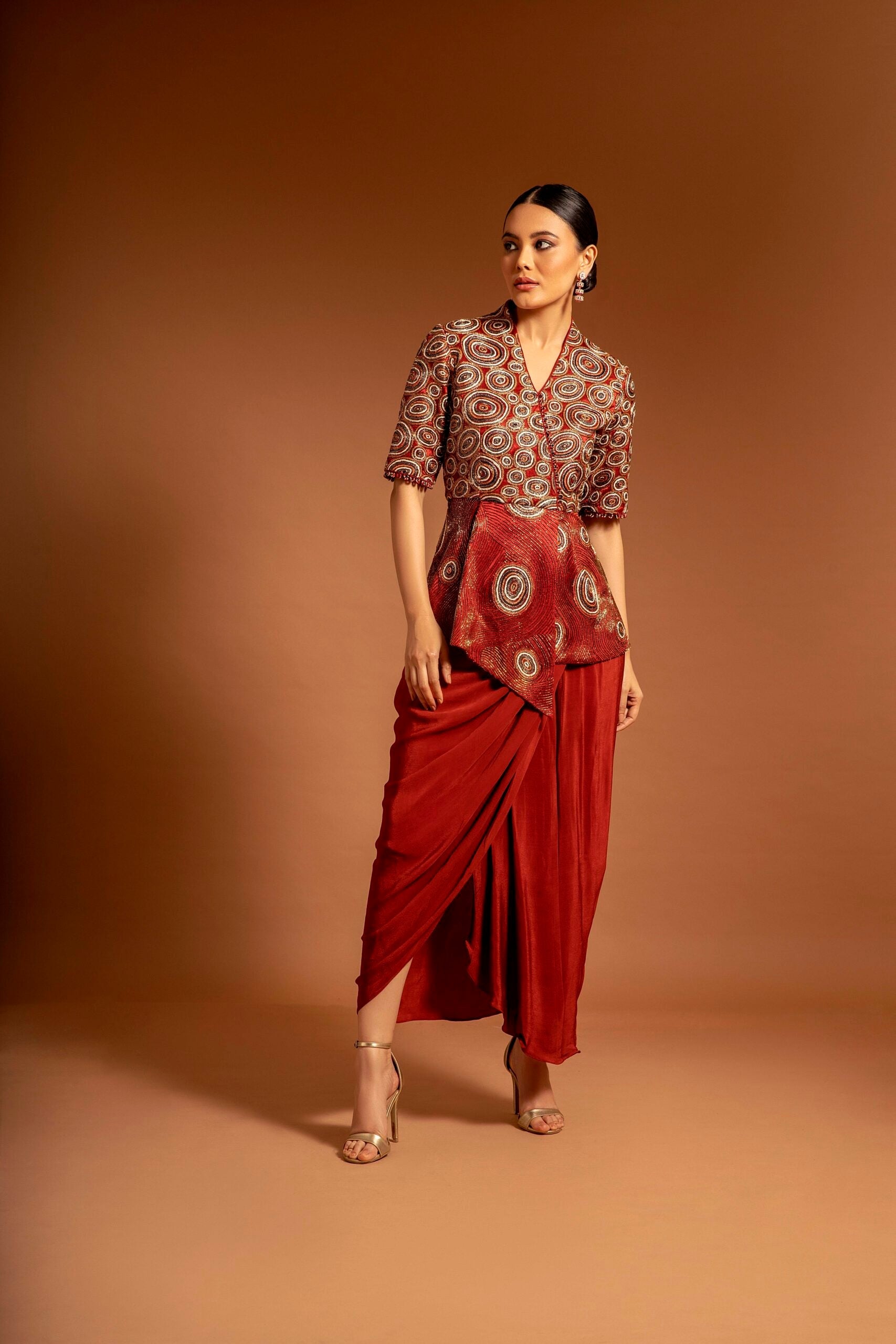 Red fully handcarfted ajrakh drape tunic