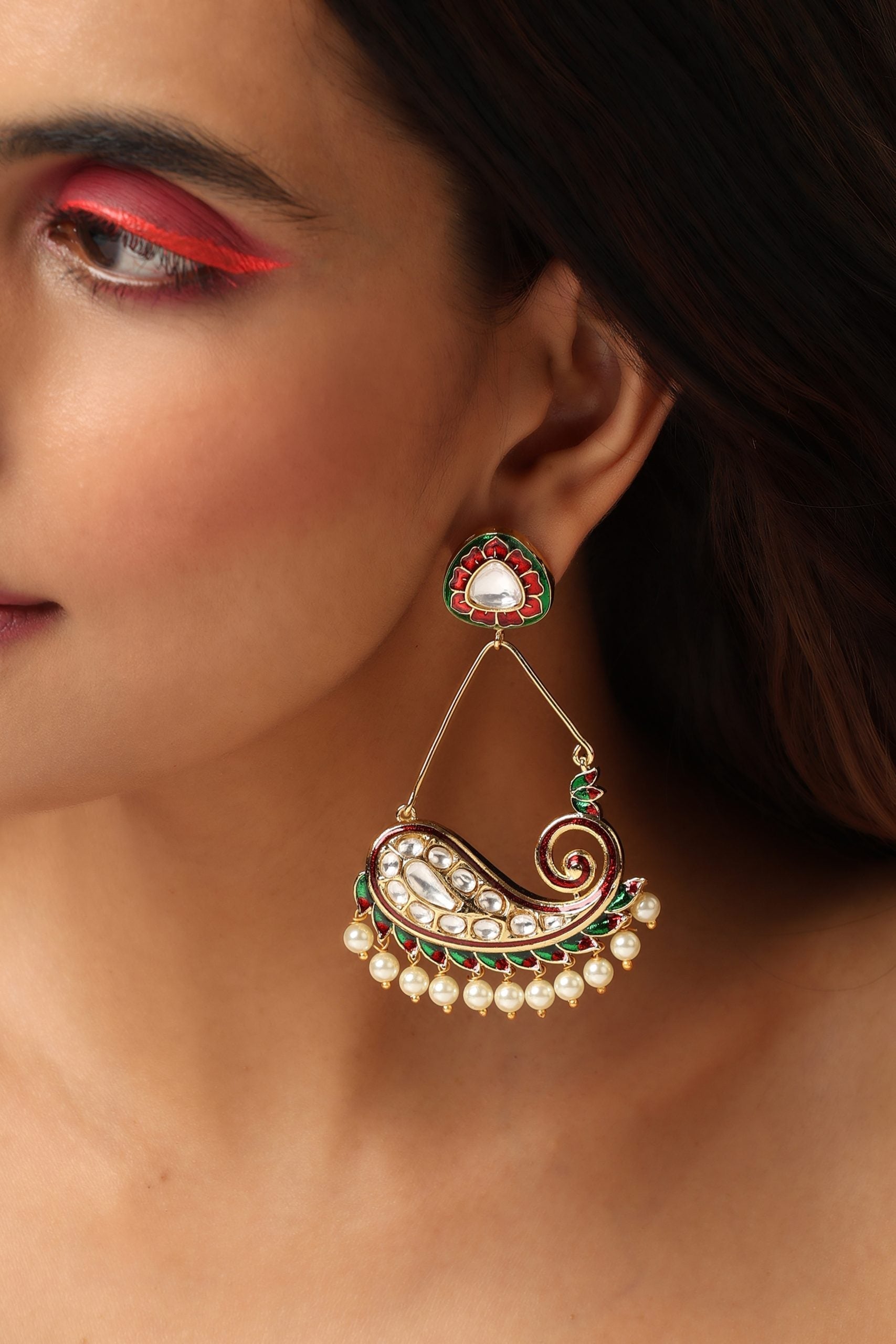 Red and Green Gold Tone Kundan Dangler Earrings