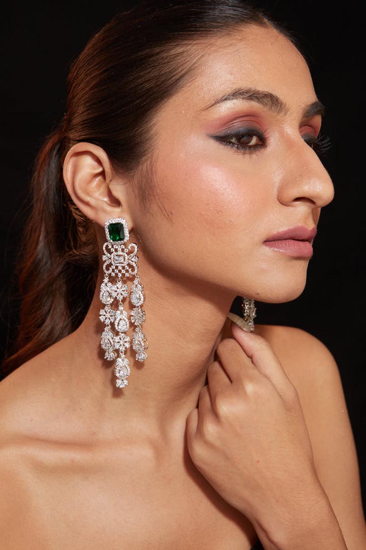 Vivinia By Vidhi Mehra Zia Silver Plated Green Womens Emerald Synthetic Zircon Pair of Earrings VE336