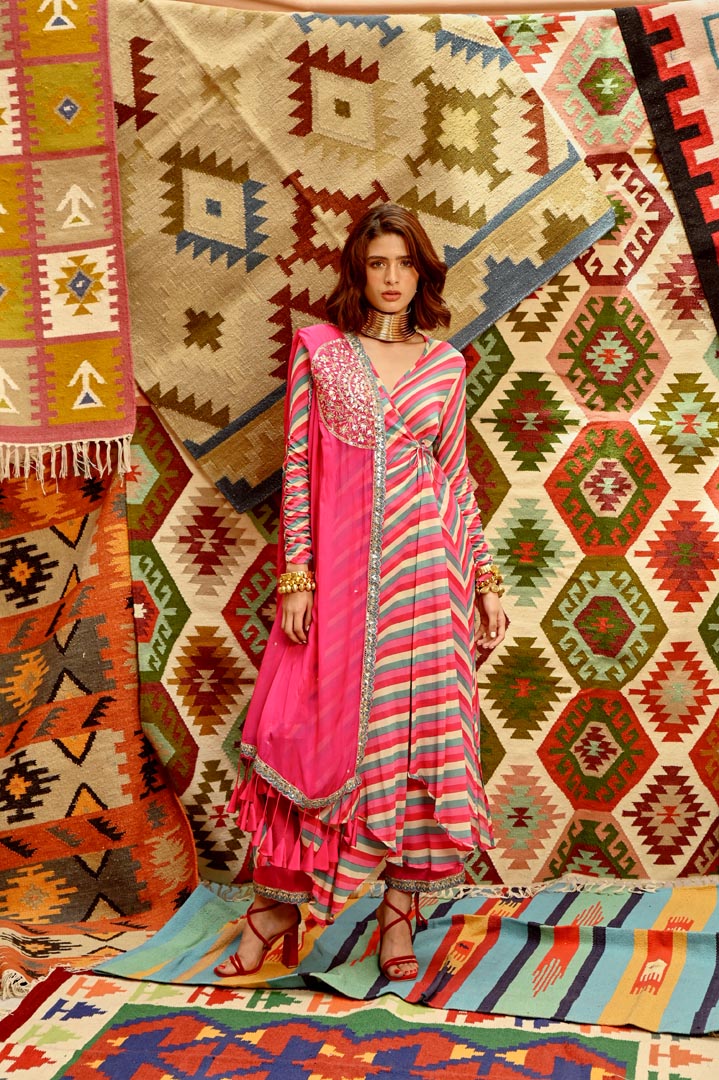 Image of Hot pink  Indi-leheriya Wrap Angrakha Set