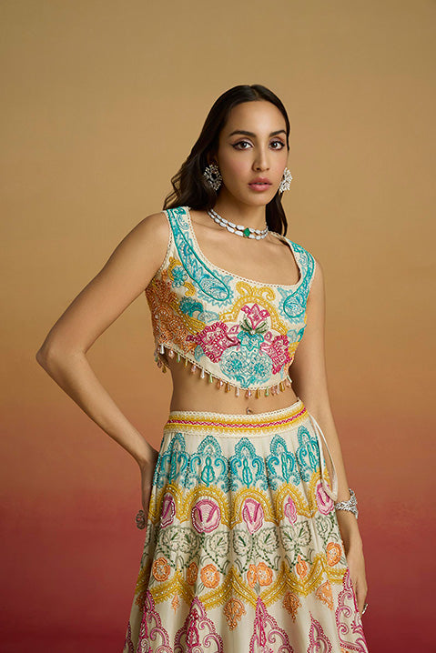 Ivory Paisley Cordwork Bustier - Luxury Chanderi Evening Wear