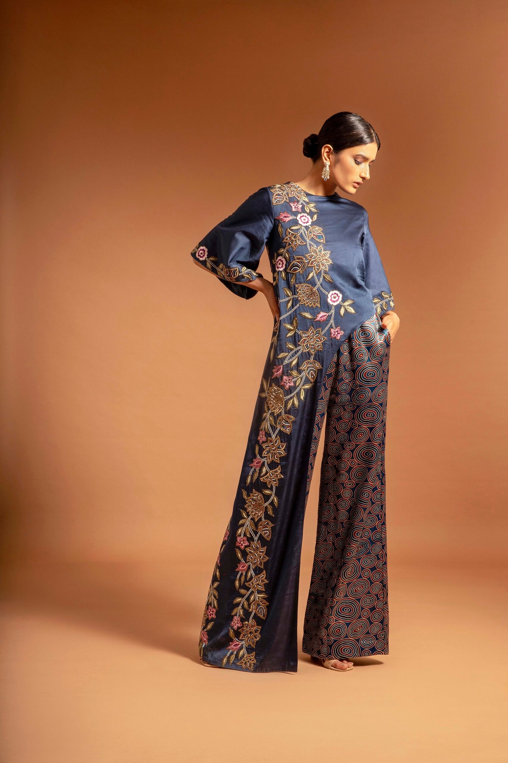 Blue ajrakh patchwork jumpsuit