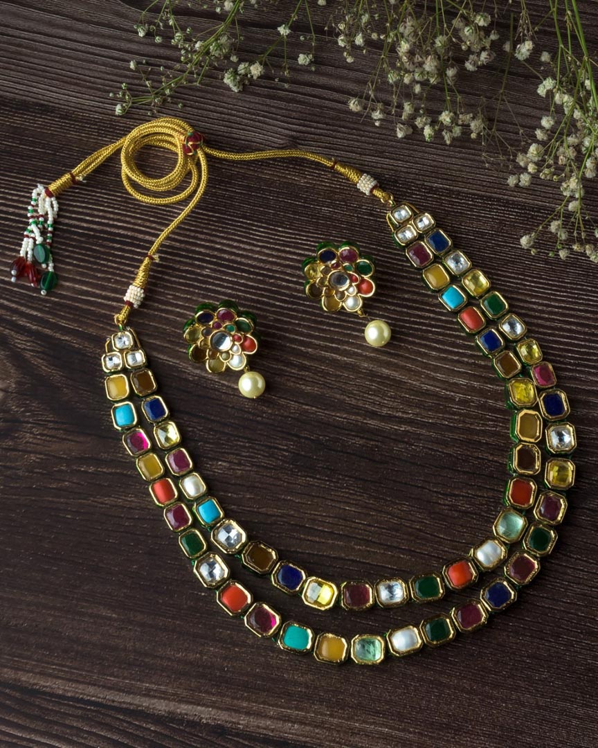 Vivinia By Vidhi Mehra Gold Plated Multicolored Womens Synthetic Stones Short Necklace Set with Pair of Earrings VN898