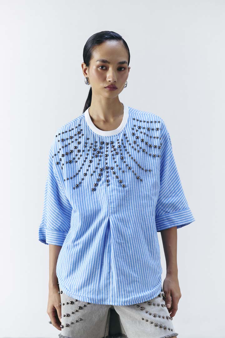 STRIPE SUNRAY STUDDED TOP