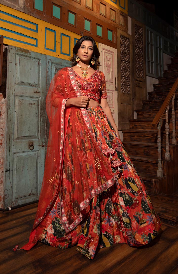 Rust Viscose Hand Crafted Lehenga Set