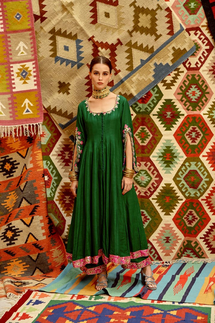 Image of Emerald green Slit sleeve Anarkali set with Multi colour Indi-leheriya  Dupatta