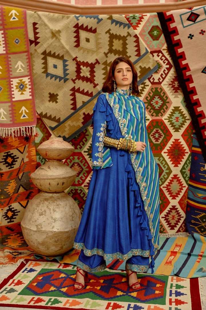 Image of Cobalt blue Slit sleeve Anarkali set with Multi colour Indi-leheriya  Dupatta