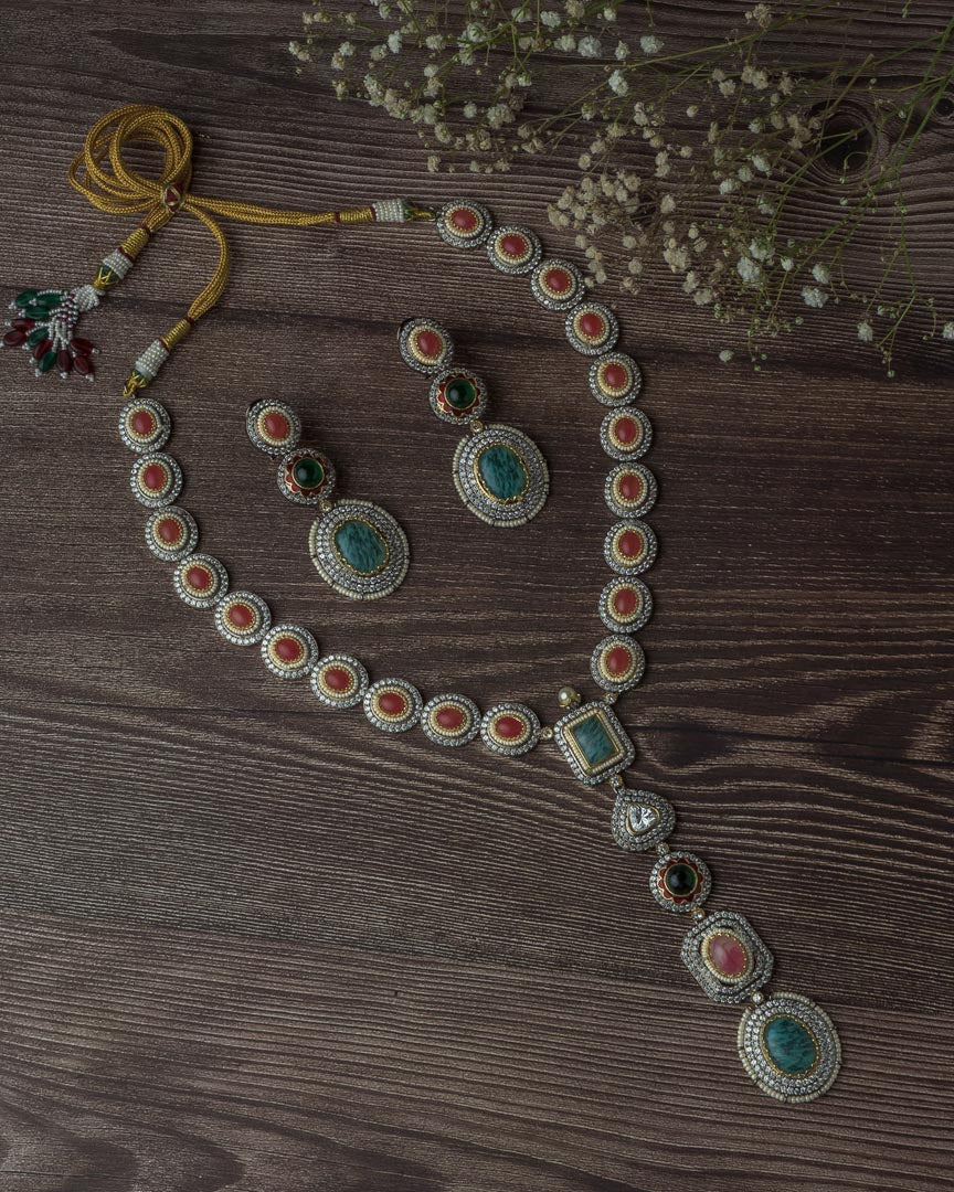 Vivinia By Vidhi Mehra Silver Plated Multicolored Womens Synthetic Stone Long Necklace Set with Pair of Earrings VN220