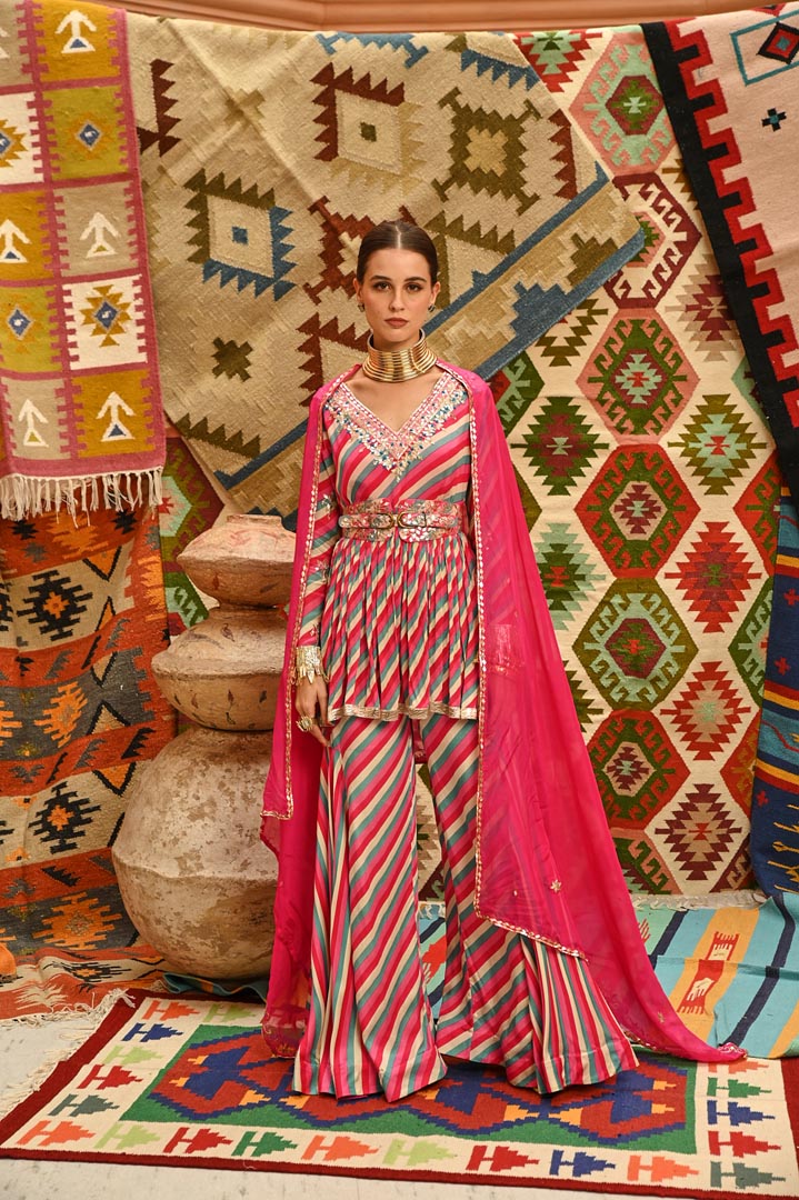 Image of Hot pink Indi-leheriya  Treasure Tunic  with Dupatta Set