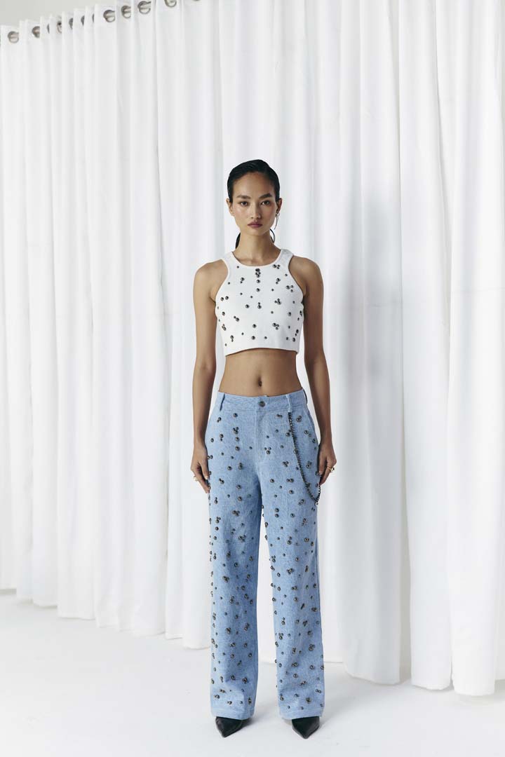 WHITE STUDDED RIB TOP