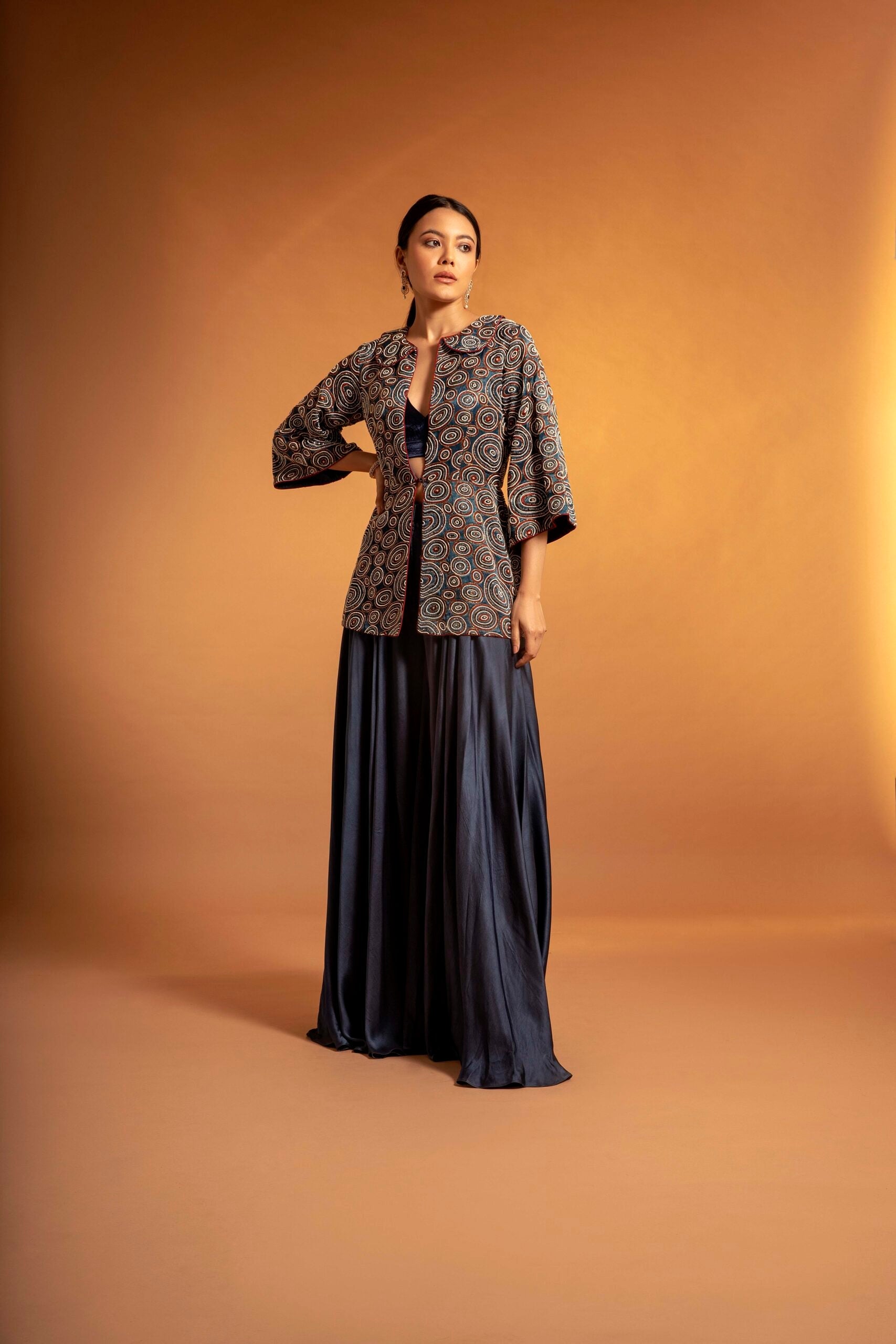 Blue embroidered jacket  and bustier with pants