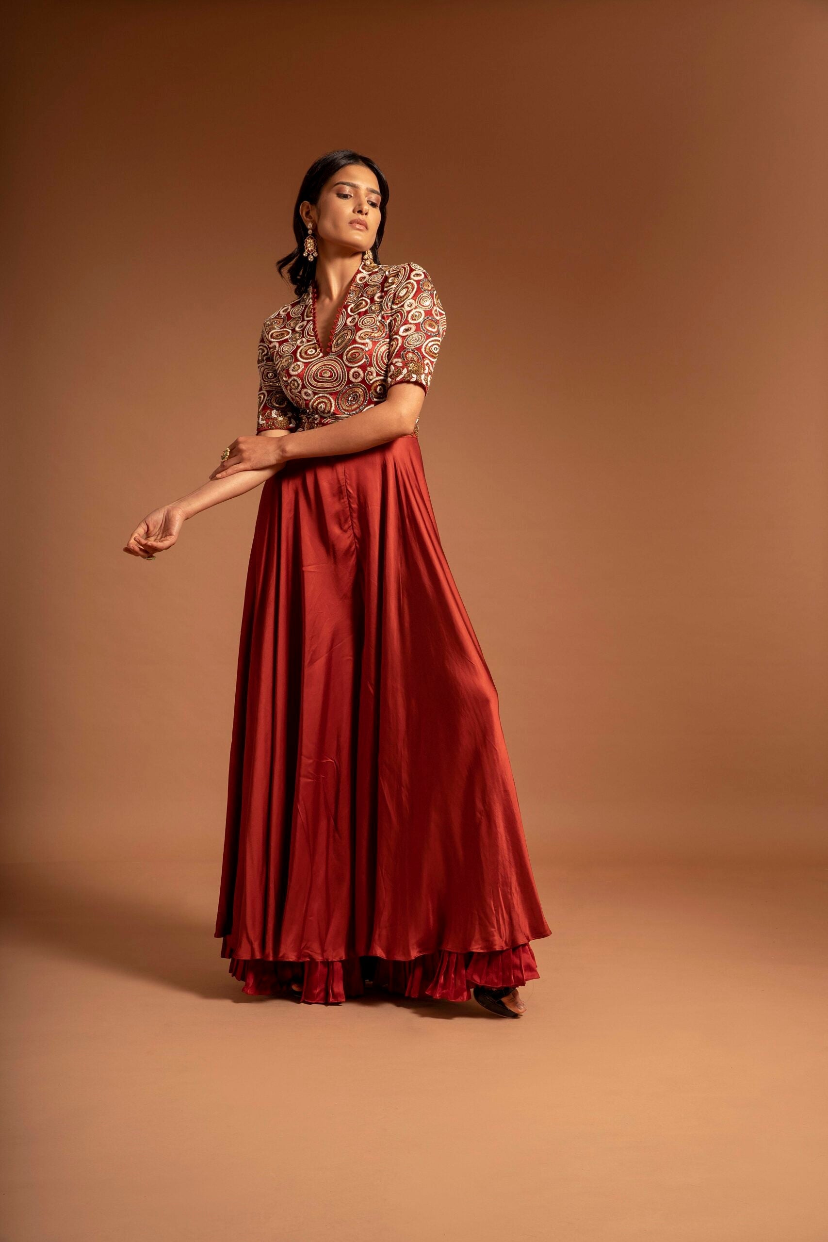 Red ajrakh fully embroidered flare jumpsuit