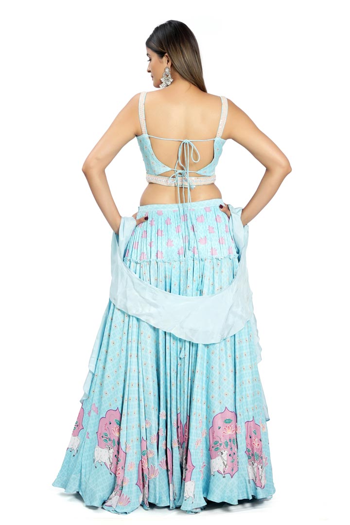 Sky Blue Embroidered & Printed Lehenga Set