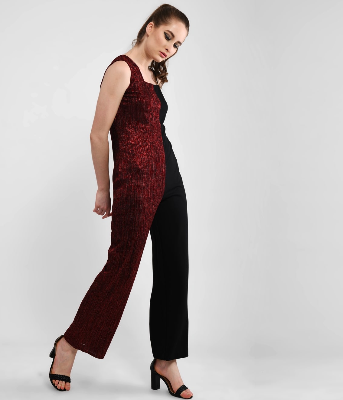 Split Personality Metallic Red & Black Asymmetric Jumpsuit