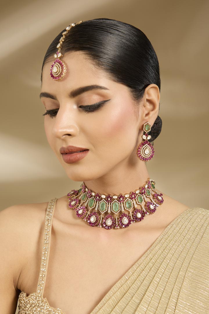 Gold-Plated Green & Pink Stone Choker Necklace Set