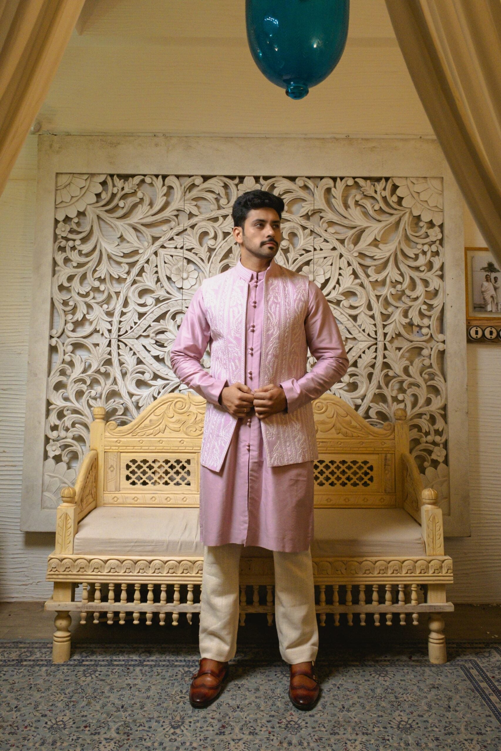 Pink kurta set with half jacket