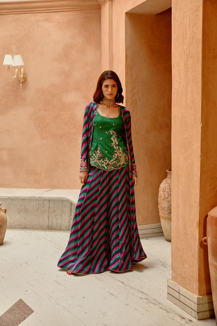 Image of Multi color Indie-leheriya magzi kali jacket and sharara with heritage kurti.