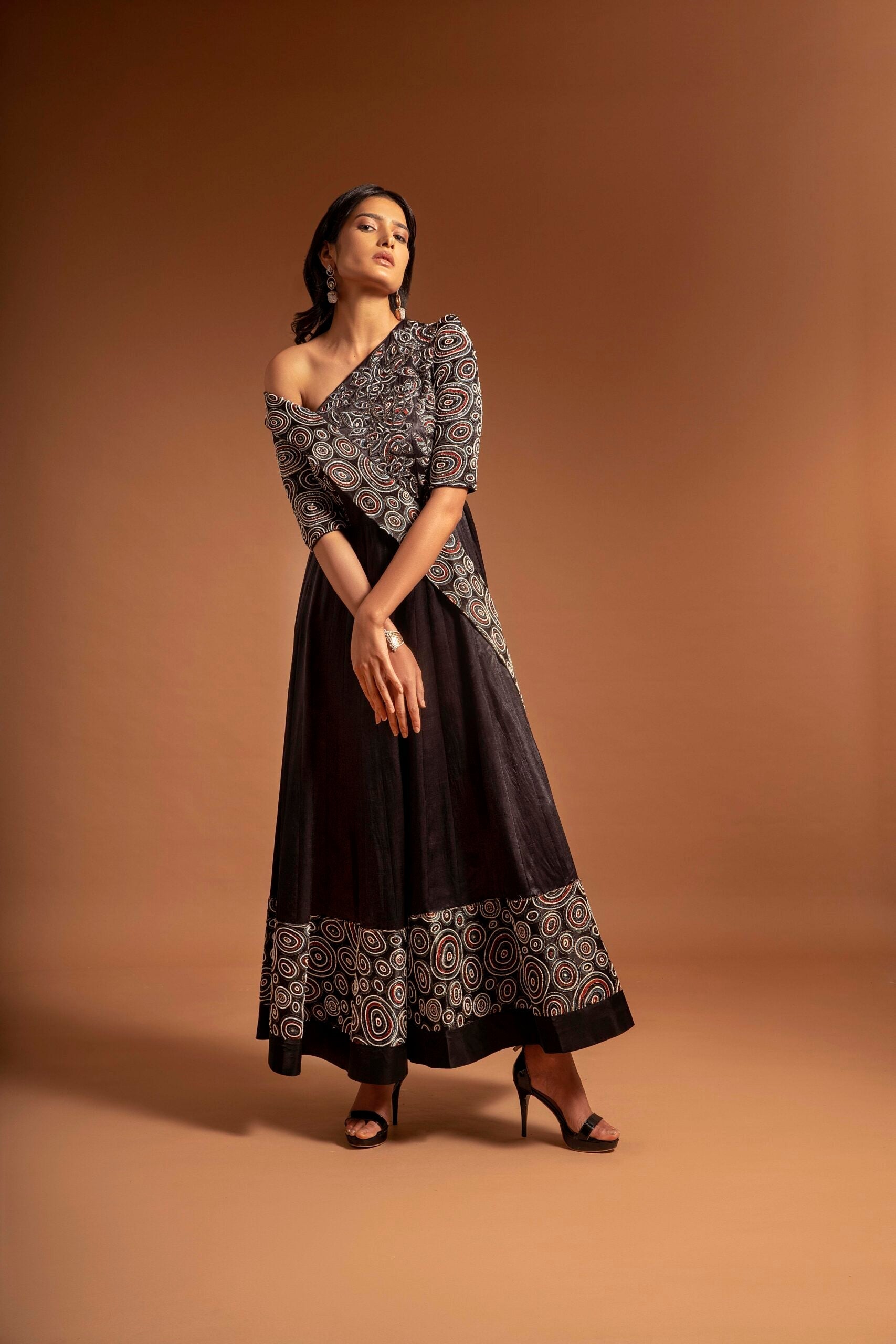 Black fully embroidered one off shoulder ajrakh anarkali