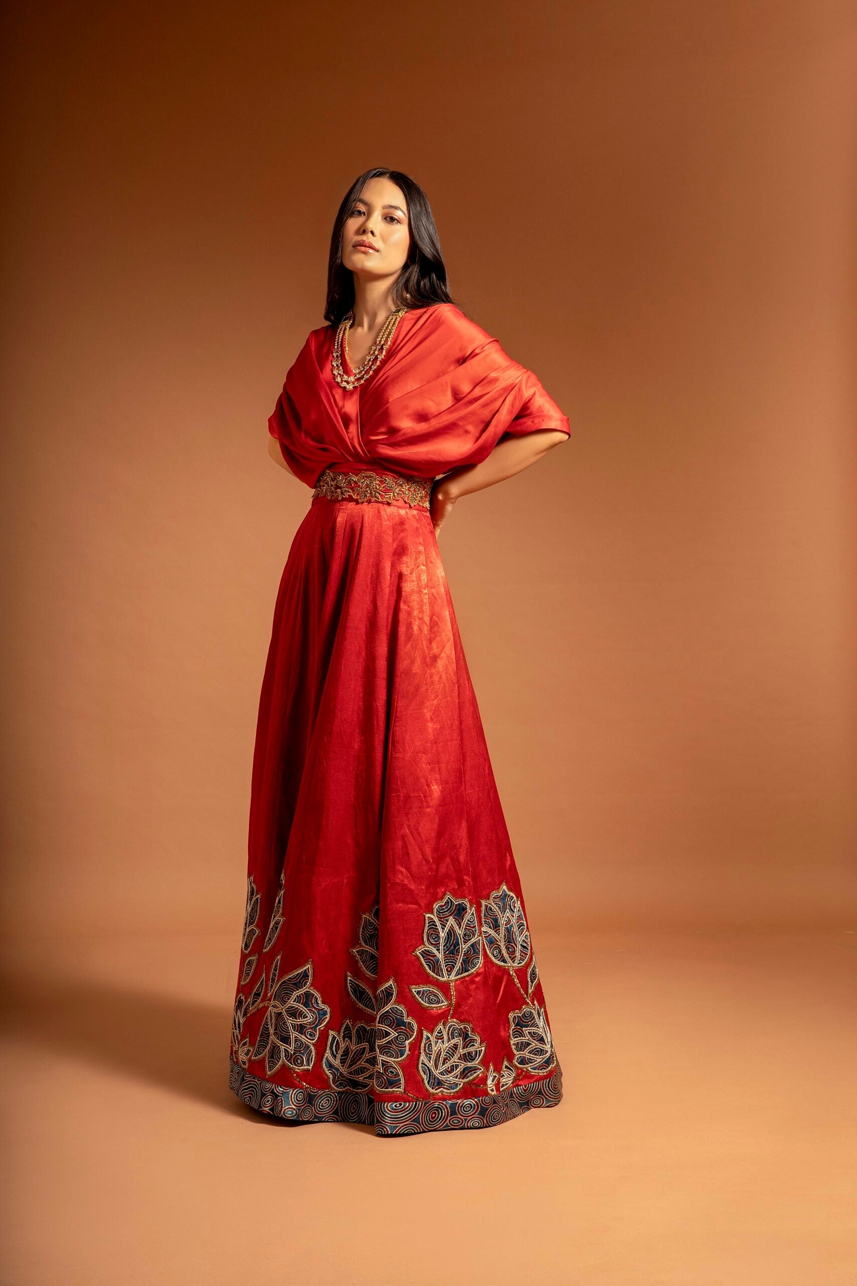 Red ajrakh embroidered gown