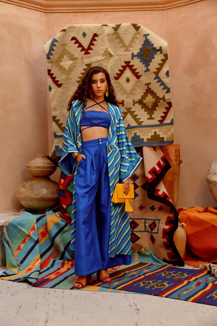 Image of Cobalt Blue Indi-leheriya Trench with bandue top and papa pants.