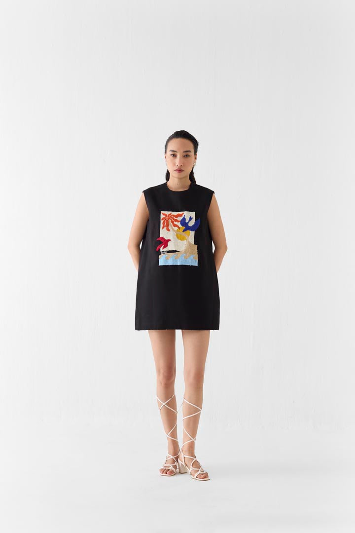 Sahara Night Short Dress - Hand Embroidered Linen Shift Dress
